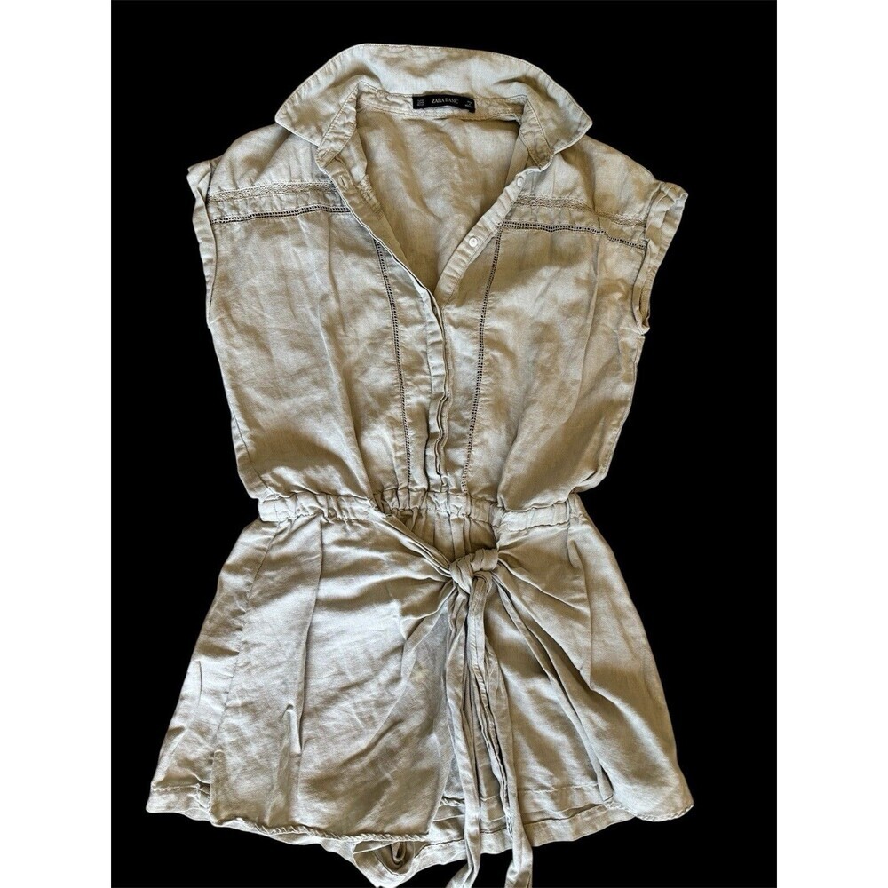Zara Linen Wrap Tie Front Romper Safari Eco Chic Womens M Sage Green Khaki Short